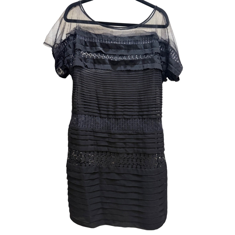 Diane von Furstenberg Black Silk Lace Illusion Sheath Dress Size 12 DVF Cocktail